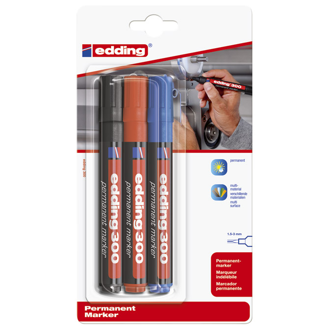 Marker permanentni 1,5-3 mm okrugli vrh Edding 300/3boje blister