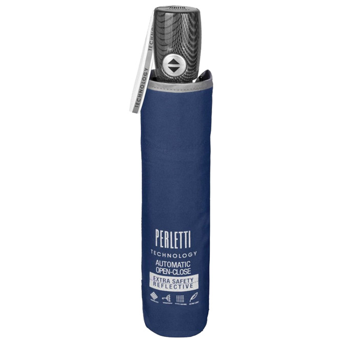 Kišobran automatik (otvaranje+zatvaranje na gumb) sklopivi s plastičnom drškom Technology Perletti 21661 plavi/reflektirajući rub