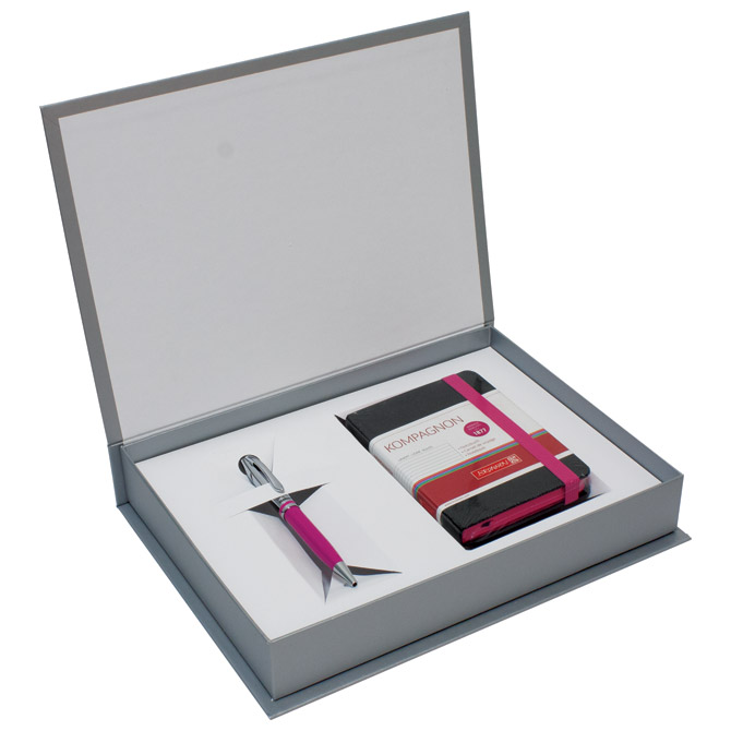 Set poklon notes Kompagnon  9,5x12,8cm crte crno roza + olovka kemijska Pelikan roza