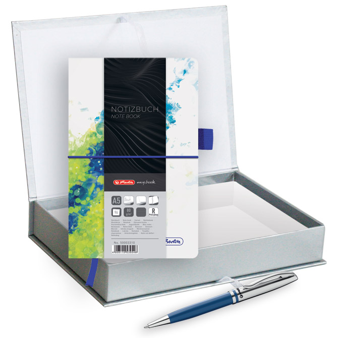 Set poklon notes Herlitz  A5 crte s gumicom plavo/zelena + olovka kemijska Pelikan velvet plava!!