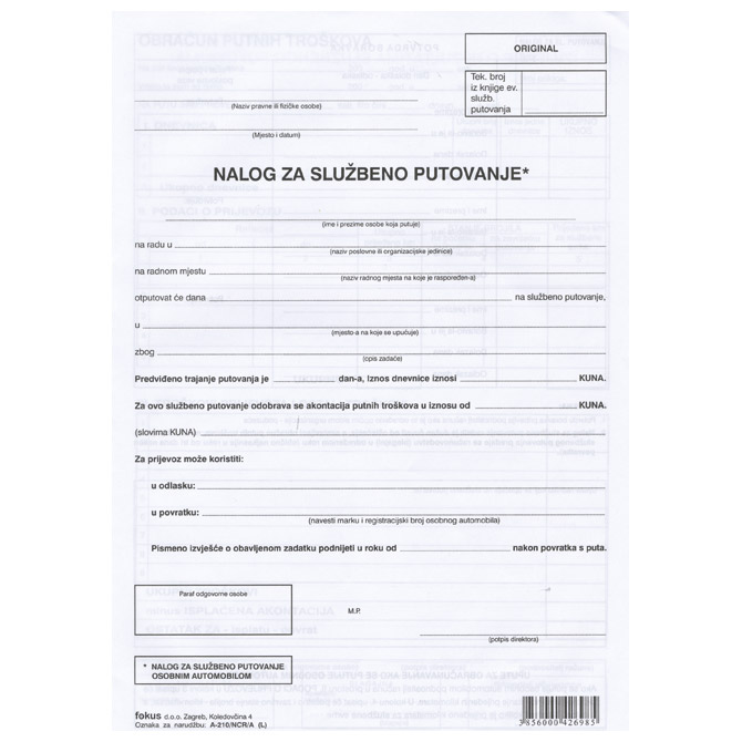 Obrazac A-210/NCR/A putni nalog (sa stanjem brojila) Fokus!! 