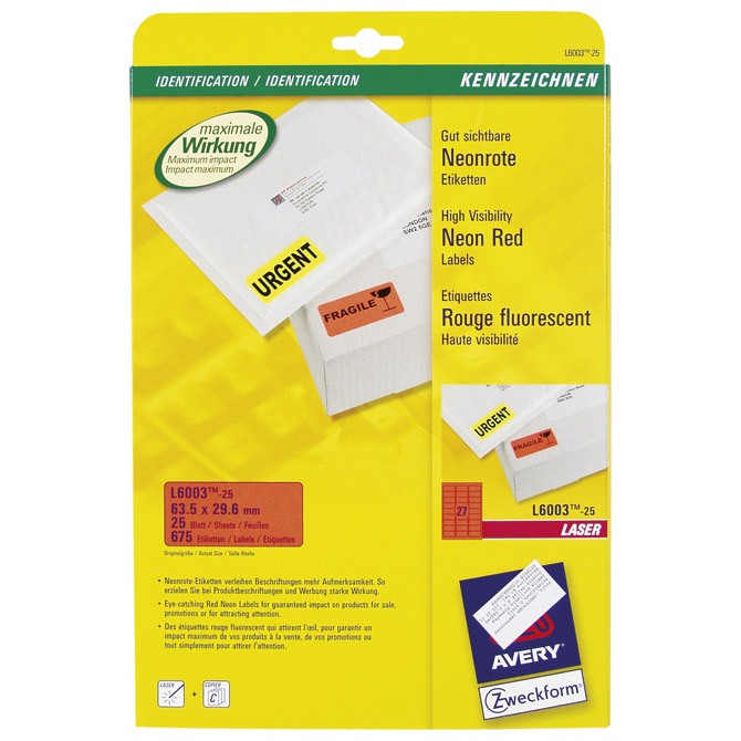 Etikete LK  63,5x29,6 mm pk25L Zweckform L6003-25 neon crvene