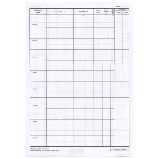 Obrazac B-136 urudžbeni zapisnik Fokus