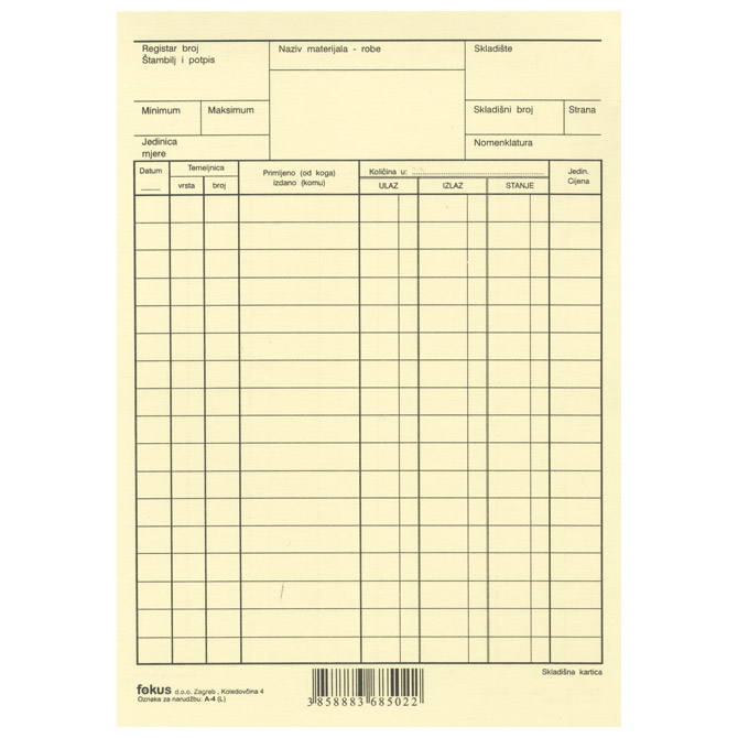 Obrazac A-4 skladišna kartica A5 Fokus žuta!!