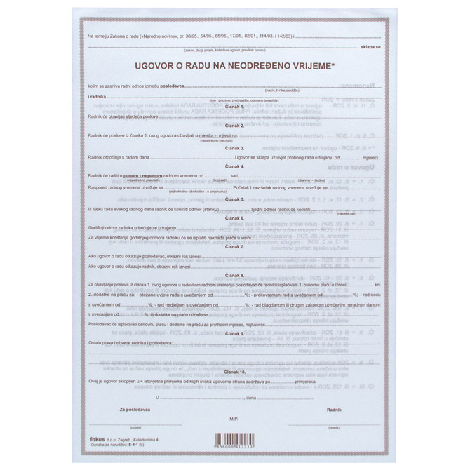 Obrazac E-4-1 ugovor o radu na neodređeno vrijeme Fokus