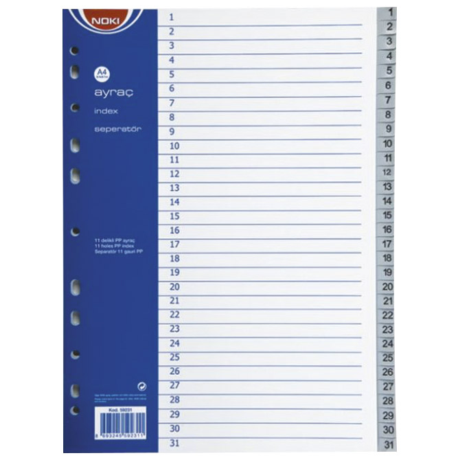 Pregrada plastična A4 brojevi 1-31 Noki 59231 siva!!