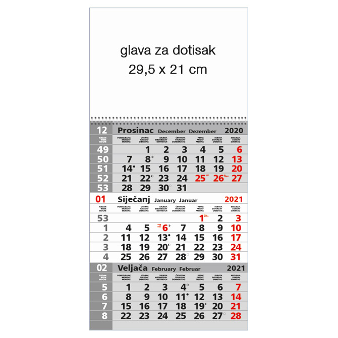 Kalendar zidni trodijelni 2026. sa spiralom sivi