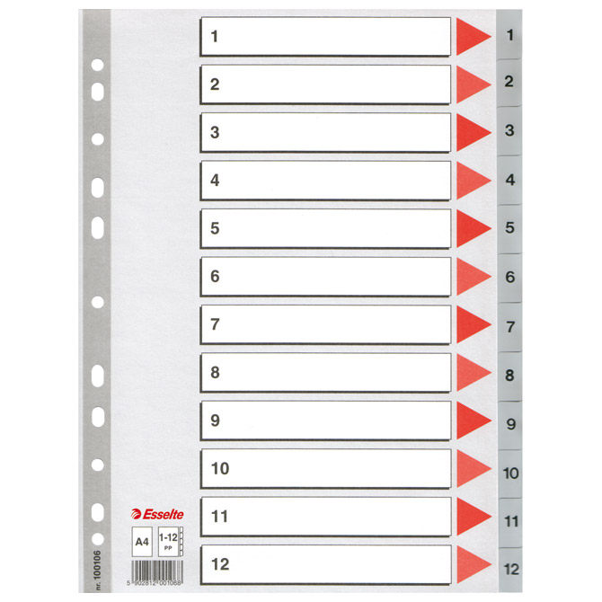Pregrada plastična A4 brojevi 1-12 Esselte 100106 siva