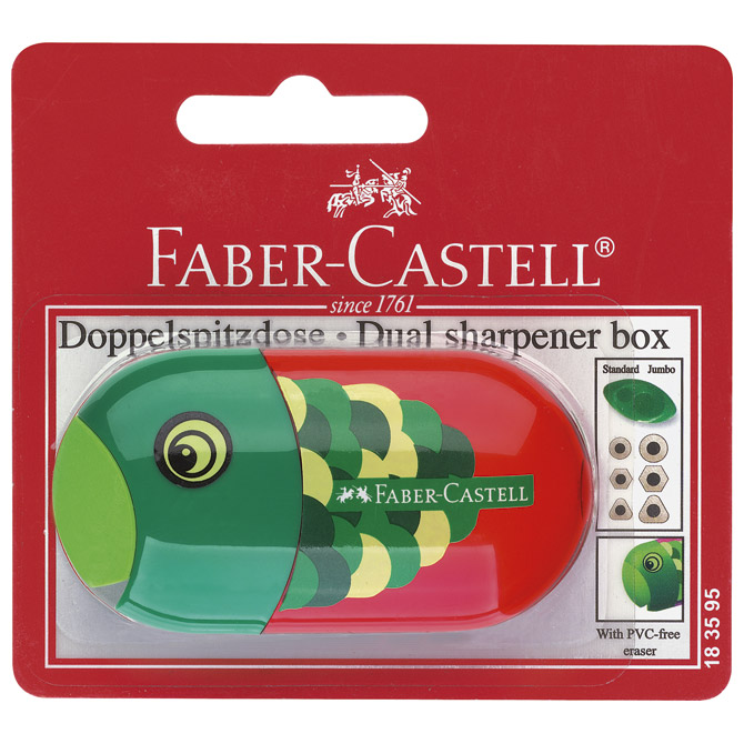 Šiljilo-gumica pvc s pvc kutijom 2rupe Riba/Papiga Faber-Castell 183595 crveno/zeleno blister!!
