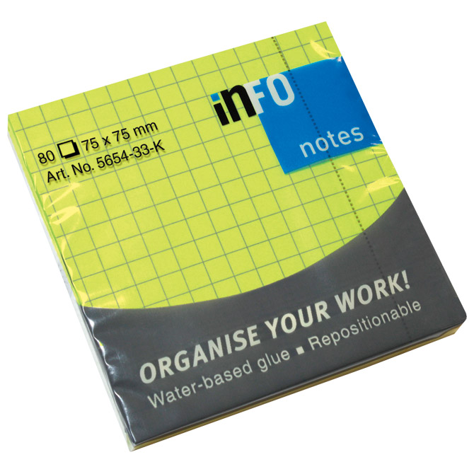 Blok samoljepljiv  75x75 mm karo 80L Global Notes 5654-33-K neon-zeleni