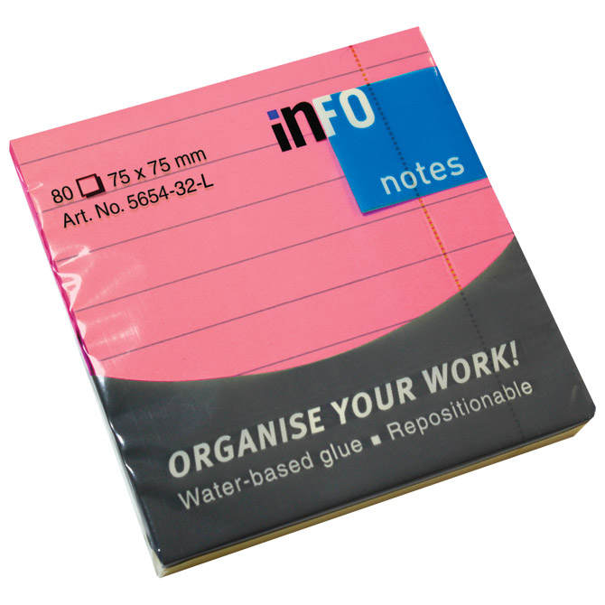 Blok samoljepljiv  75x75 mm crte 80L Global Notes 5654-32-L neon-rozi
