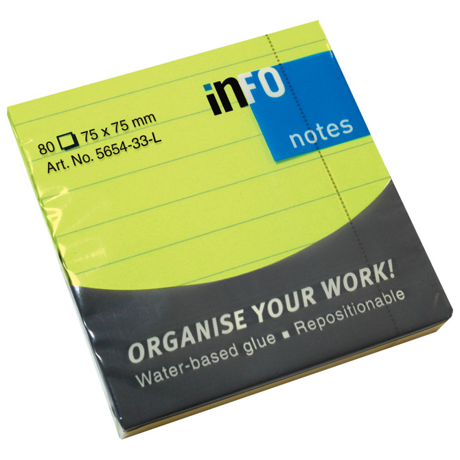 Blok samoljepljiv  75x75 mm crte 80L Global Notes 5654-33-L neon-zeleni