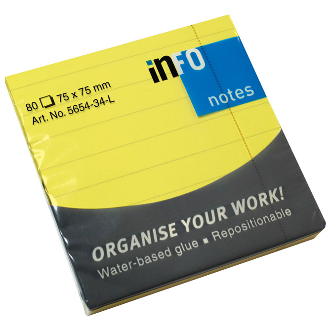 Blok samoljepljiv  75x75 mm crte 80L Global Notes 5654-34-L neon-žuti
