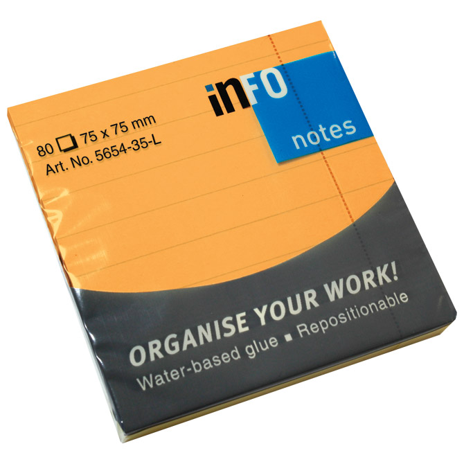 Blok samoljepljiv  75x75 mm crte 80L Global Notes 5654-35-L neon-narančasti