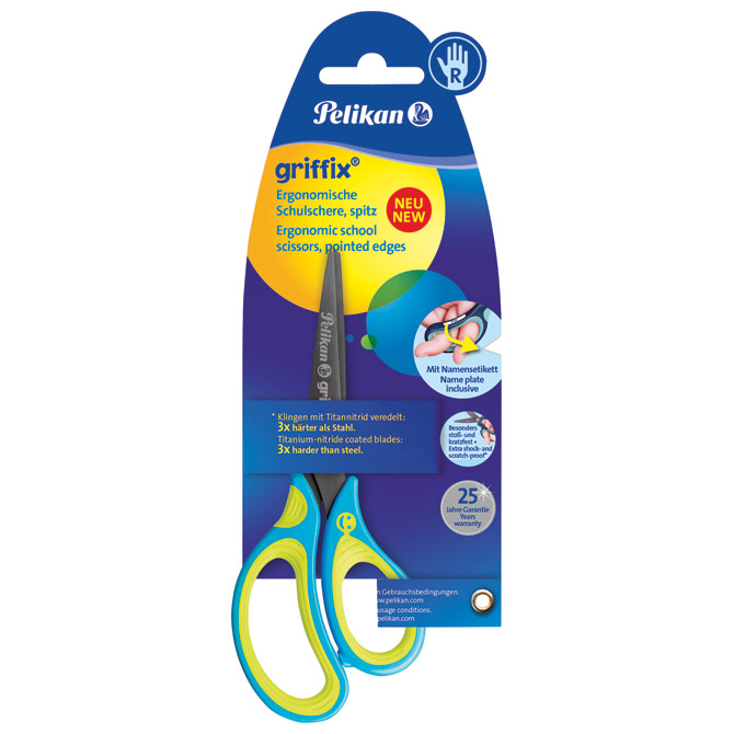 Škare školske 15 cm Griffix Pelikan 810241 (100401654) neon plavo-žute blister