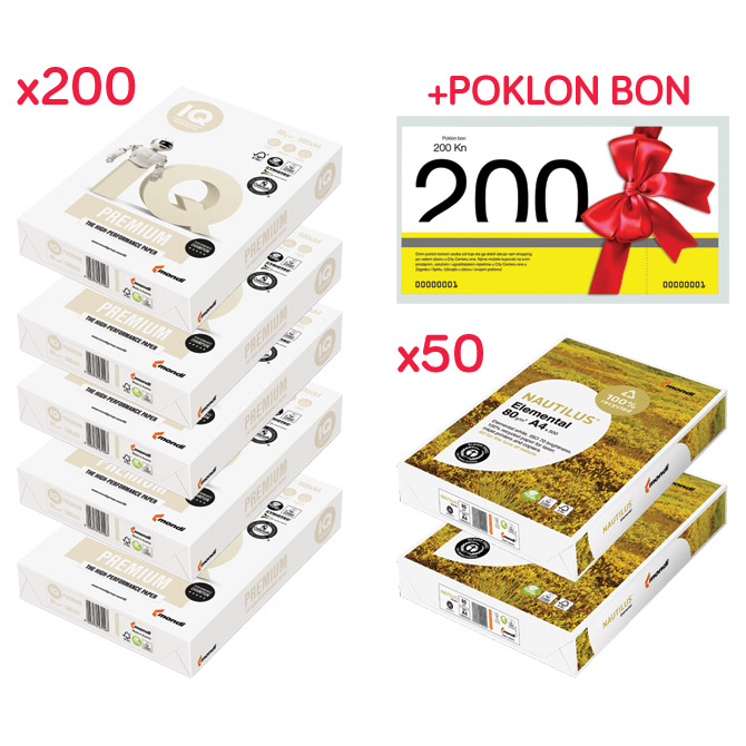Papir ILK IQ Premium Triotec 200 omota A4 80g + Papir reciklirani Nautilus Elemental 50 omota + poklon bon vrijednosti 200kn