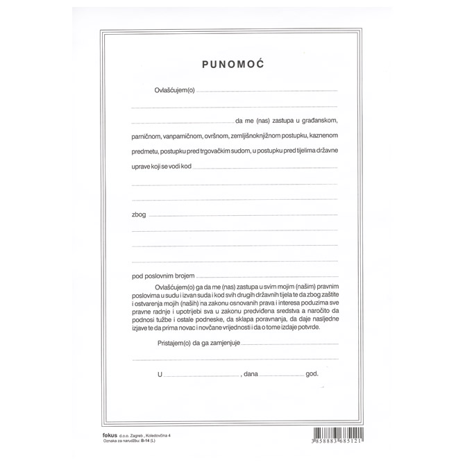 Obrazac B-14 punomoć Fokus