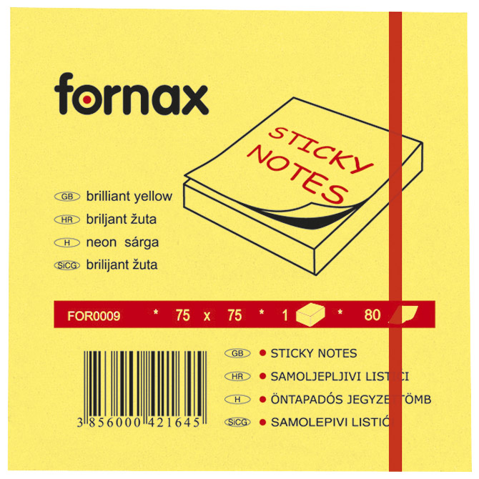 Blok samoljepljiv  75x75 mm  80L Fornax neon-žuti