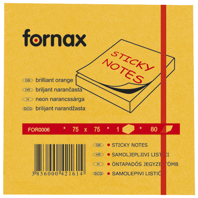 Blok samoljepljiv  75x75 mm  80L Fornax neon-narančasti