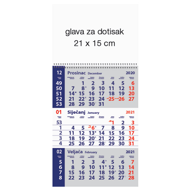 Kalendar zidni trodijelni mali 2026.-3 mjesec/listu, spirala!!