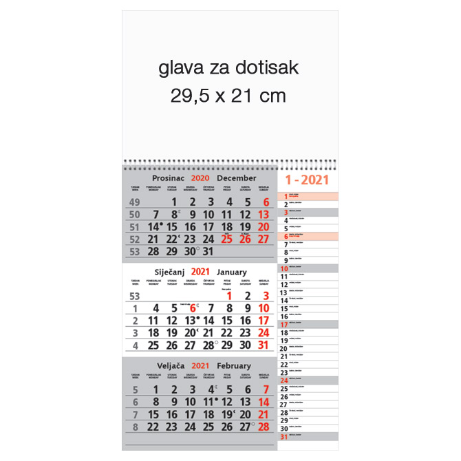 Kalendar zidni trodijelni 2026. memo sa spiralom