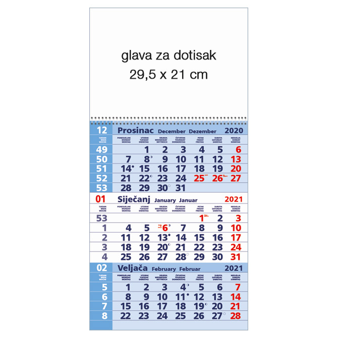 Kalendar zidni trodijelni 2026. sa spiralom plavi