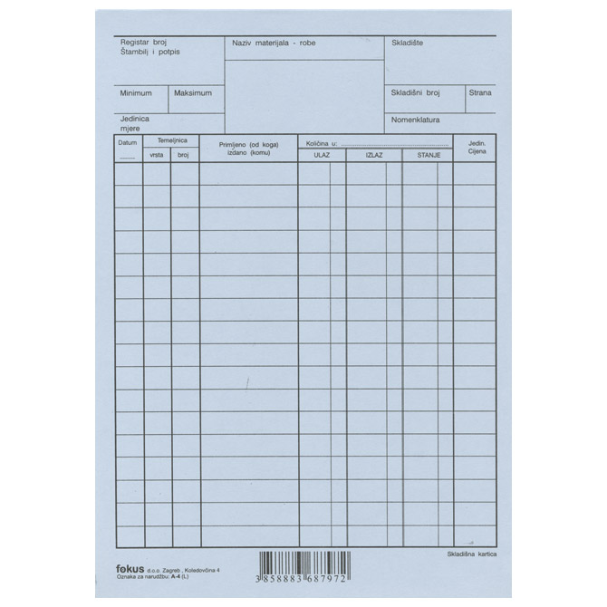 Obrazac A-4 skladišna kartica A5 Fokus plava!!